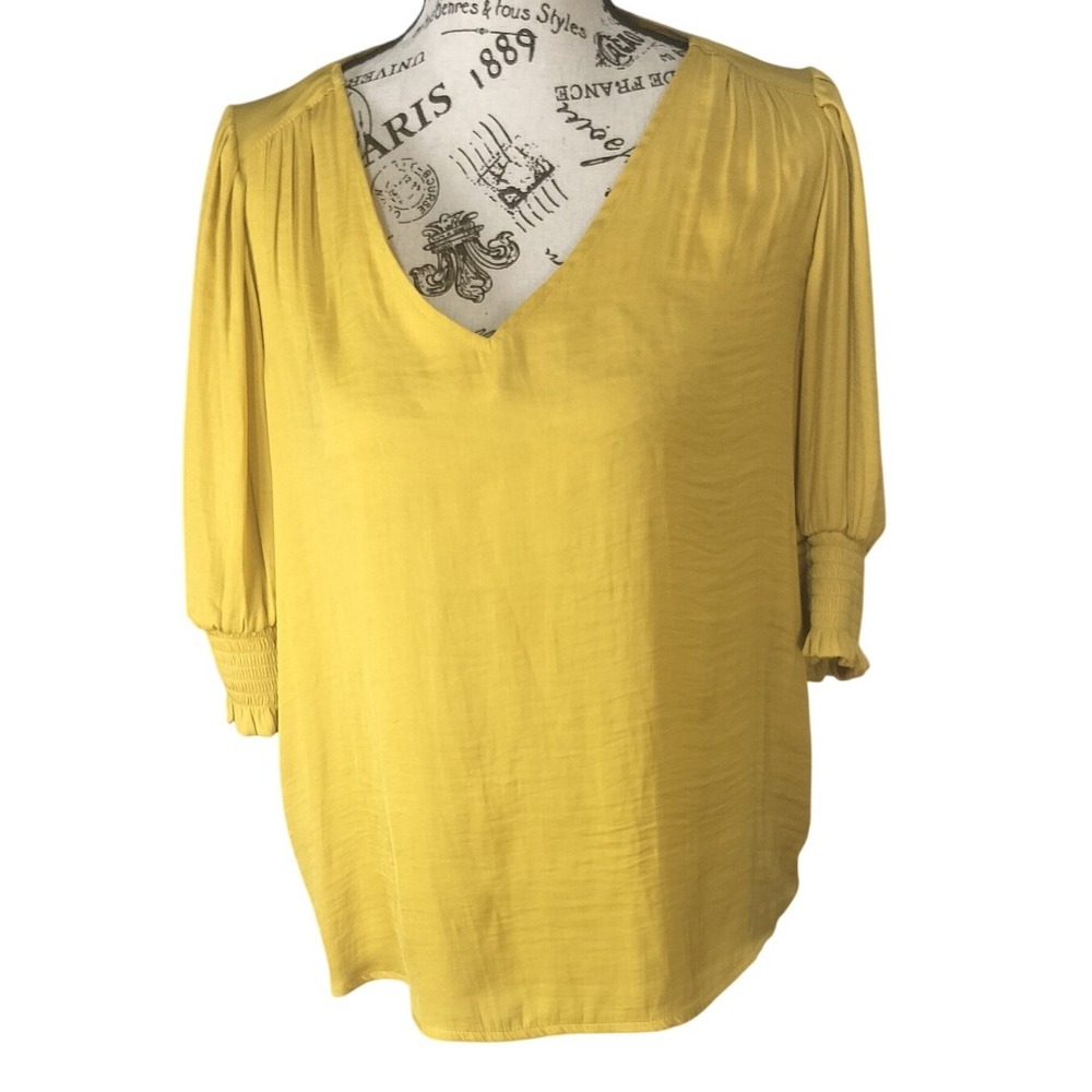 Rachel Zoe Womens Mustard Yellow V-Neck Smocked 3/4 Puff Sleeve Blouse‎ Size S